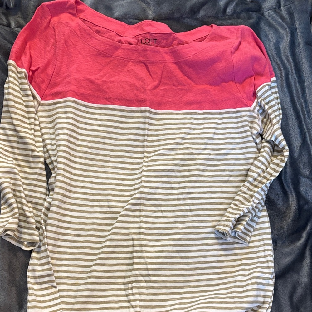 LOFT Coral and Gray Striped Blouse